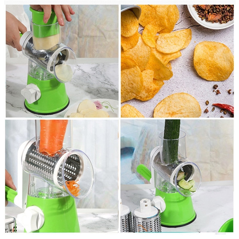 Cortador de Legumes Multifuncional com Manivela e Rolo em Aço Inoxidável para Cozinha